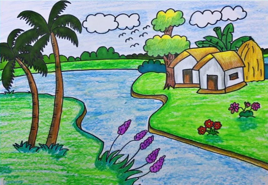 Hướng dẫn cách Vẽ tranh phong cảnh đơn giản lớp 1 màu nước hạnh phúc