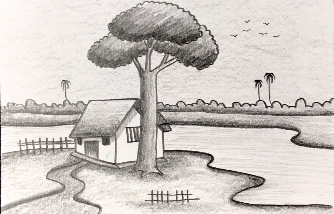 Vẽ tranh phong cảnh làng quê bằng bút chì đơn giản đẹp nhất