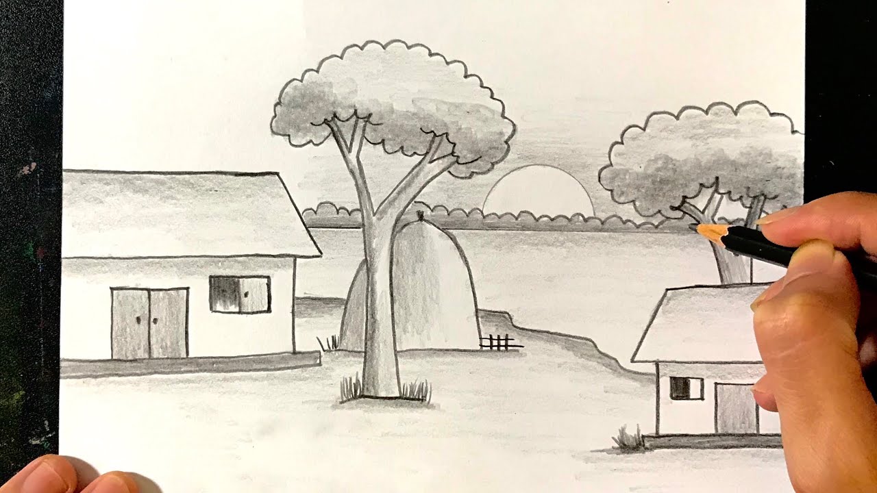 Vẽ tranh phong cảnh làng quê bằng bút chì đơn giản đẹp nhất
