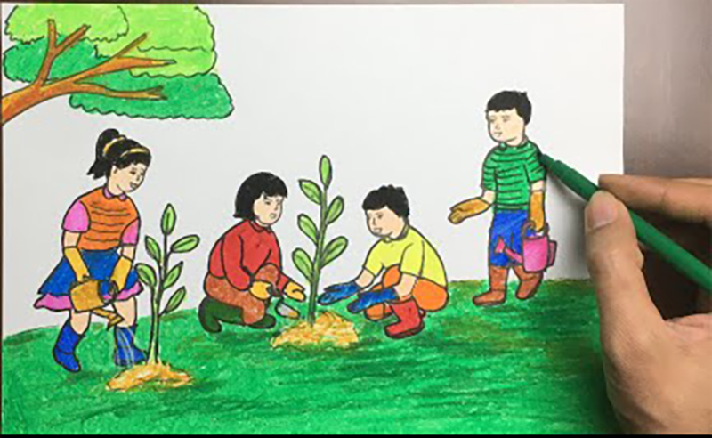 50+ hình vẽ tranh đề tài lao động sản xuất trồng cây đơn giản