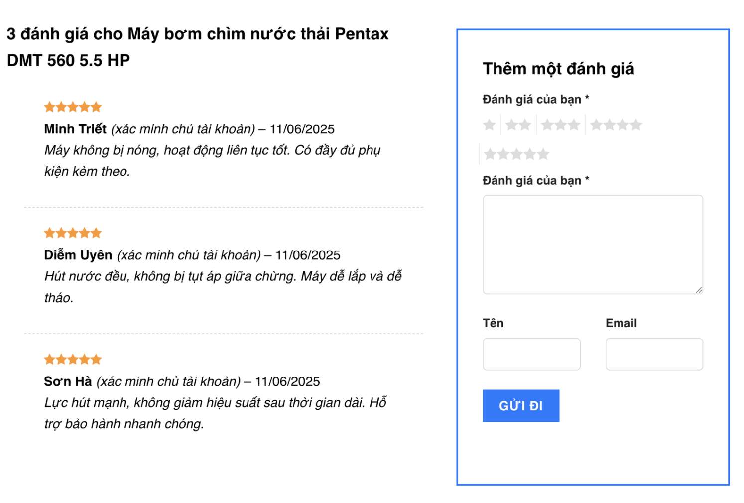 Đánh giá, phản hồi từ khách hàng sau khi sử dụng máy bơm chìm của Pentax